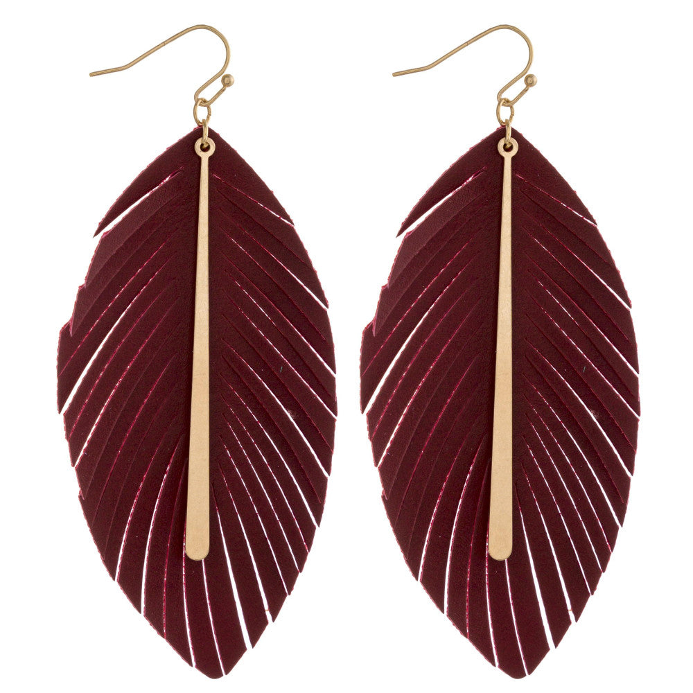 Game day faux leather feather inspired earrings featuring a colored bar accent. Approximately 3.5" in length