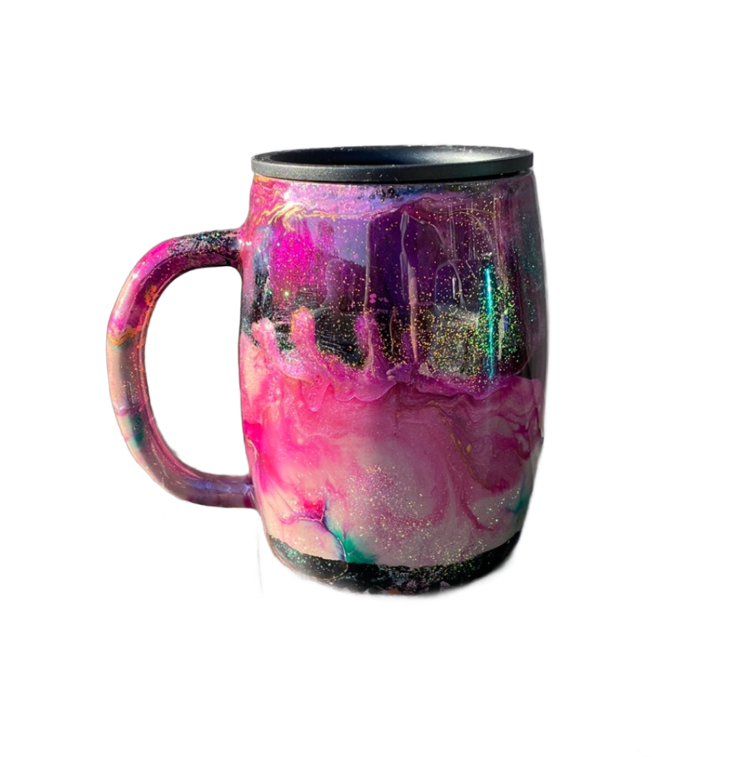 Custom Hand-Painted Pink Purple Swirl Stainless Steel Coffee Mug - 14 Oz