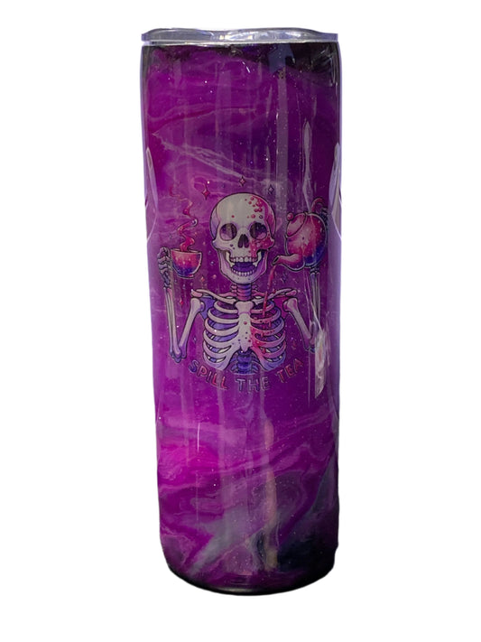 Custom Painted Spill The Tea Stainless Skinny Tumbler w/Sliding Lid and Straw- 20 Oz