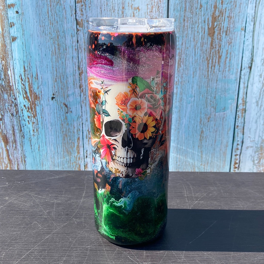 Custom Painted Color Swirl Skull Stainless Skinny Tumbler w/Sliding Lid and Straw- 20 Oz