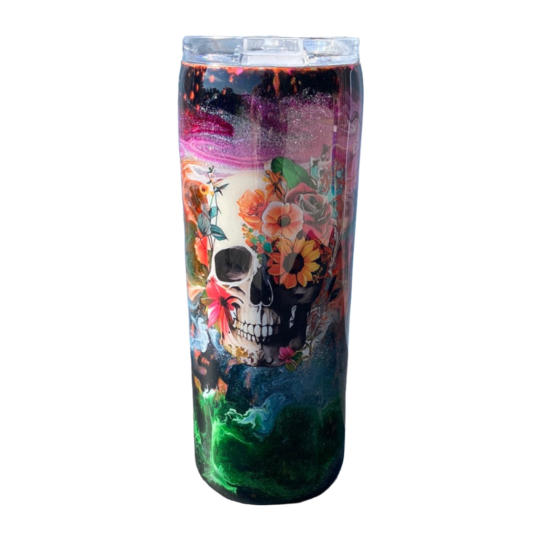 Custom Painted Color Swirl Skull Stainless Skinny Tumbler w/Sliding Lid and Straw- 20 Oz