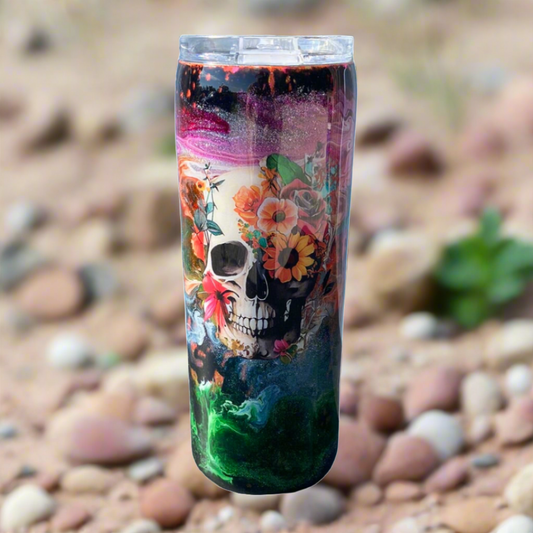 Custom Painted Color Swirl Skull Stainless Skinny Tumbler w/Sliding Lid and Straw- 20 Oz