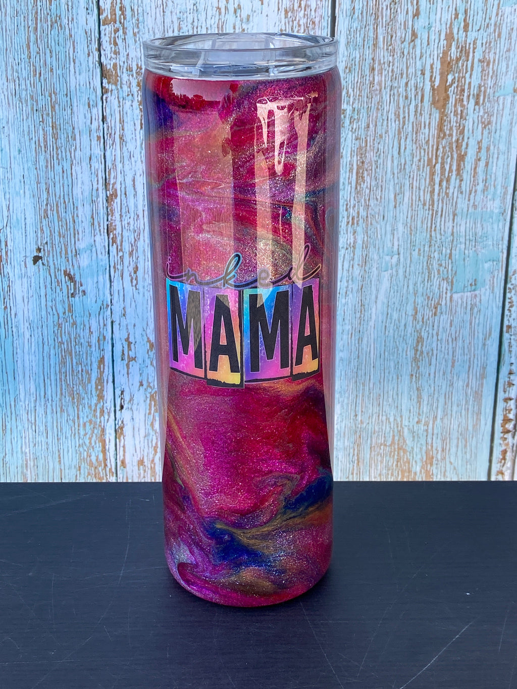 Custom Painted Pink Glitter Inked Mama Stainless Skinny Tumbler w/Sliding Lid and Straw- 30 Oz