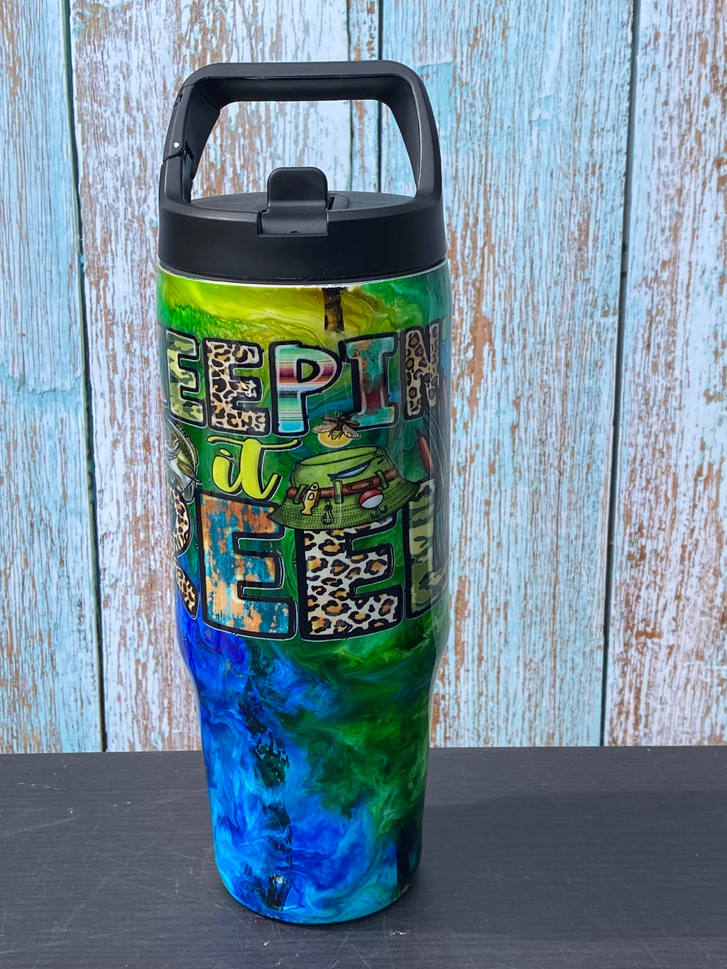 Hand Painted Keep It Reel Stainless Clip Mate Hydro Bottle w/Lid and Straw- 30 Oz