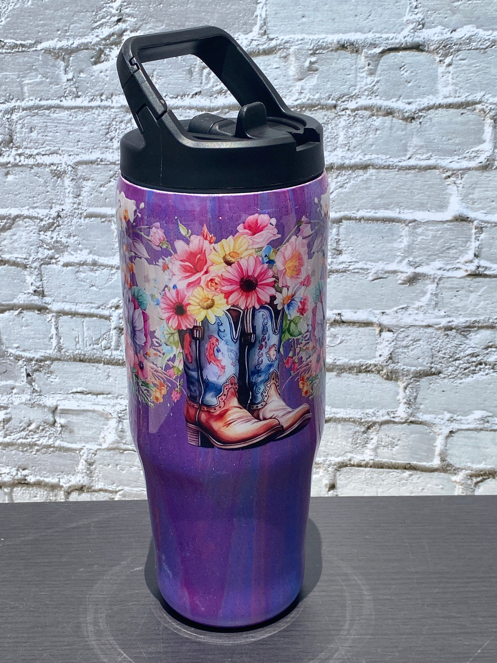 Hand Painted Purple Boots Stainless Clip Mate Hydro Bottle w/Lid and Straw- 30 Oz