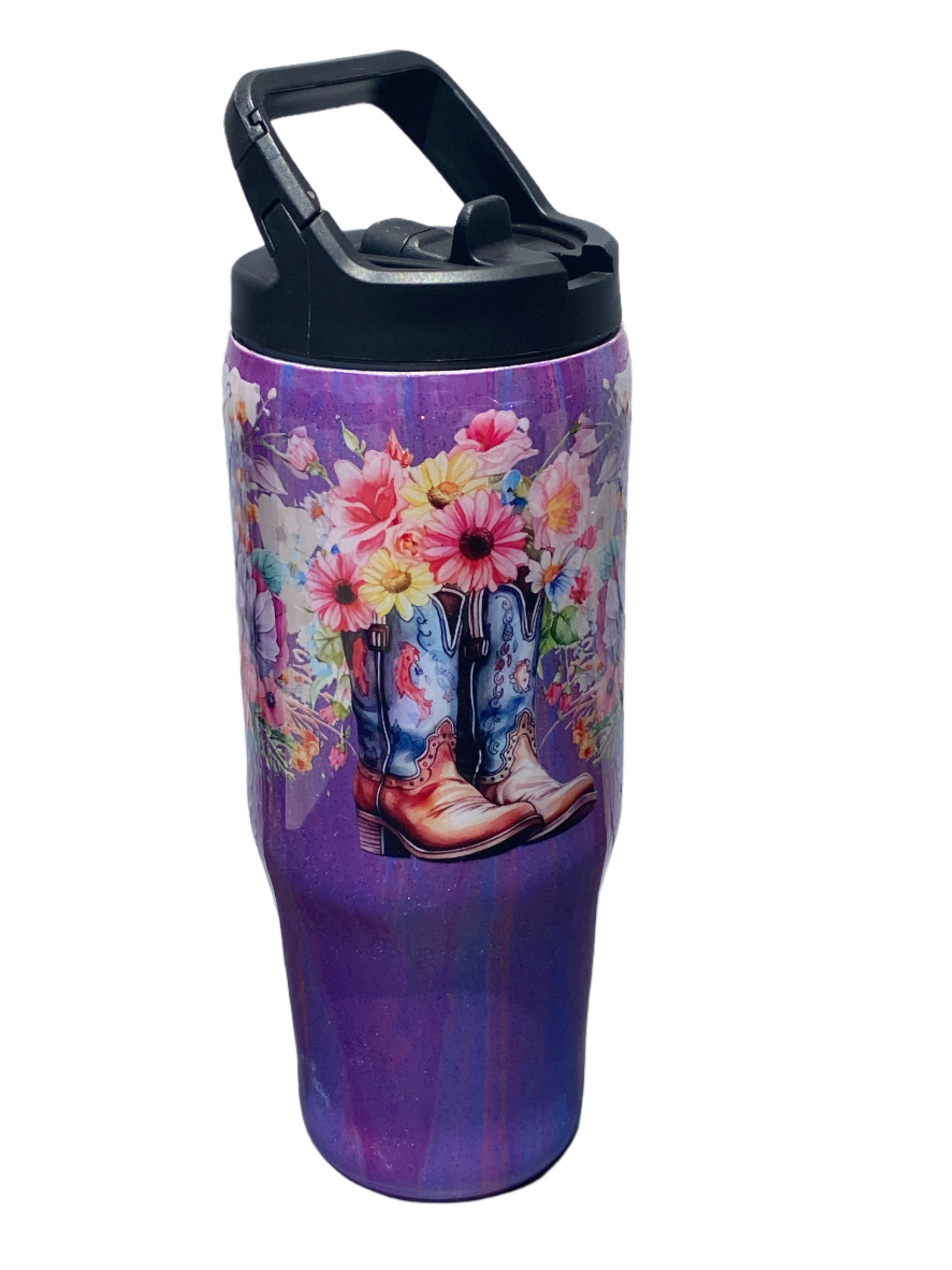 Hand Painted Purple Boots Stainless Clip Mate Hydro Bottle w/Lid and Straw- 30 Oz