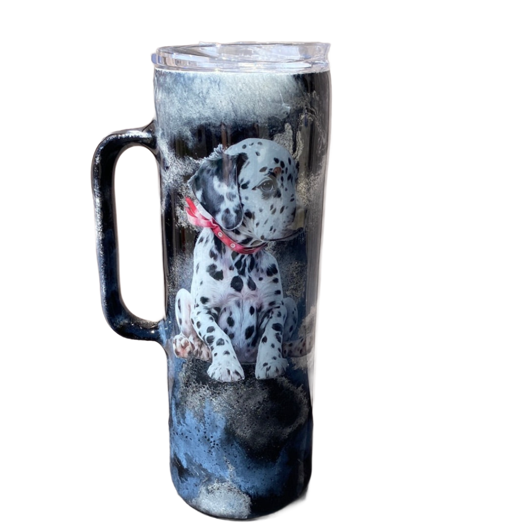 Custom Painted Dalmation Stainless Skinny Handle Tumbler w/Sliding Lid and Straw- 20 Oz