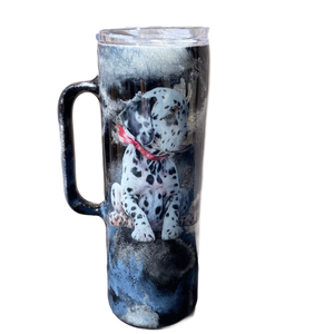 Custom Painted Dalmation Stainless Skinny Handle Tumbler w/Sliding Lid and Straw- 20 Oz