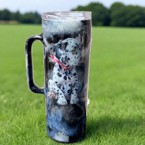 Custom Painted Dalmation Stainless Skinny Handle Tumbler w/Sliding Lid and Straw- 20 Oz