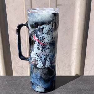 Custom Painted Dalmation Stainless Skinny Handle Tumbler w/Sliding Lid and Straw- 20 Oz