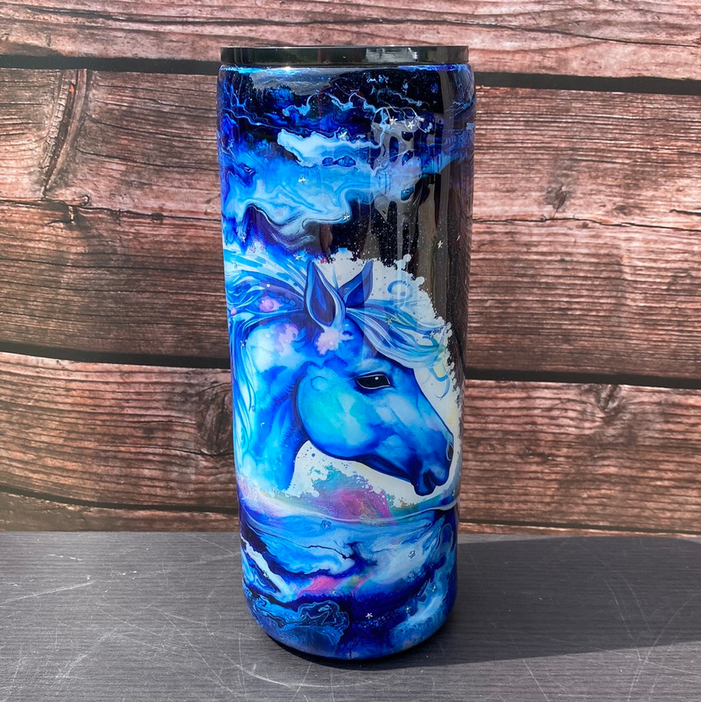 Hand Painted Blue Horse Stainless Fatty Tumbler w/Sliding Lid and Straw- 30 Oz