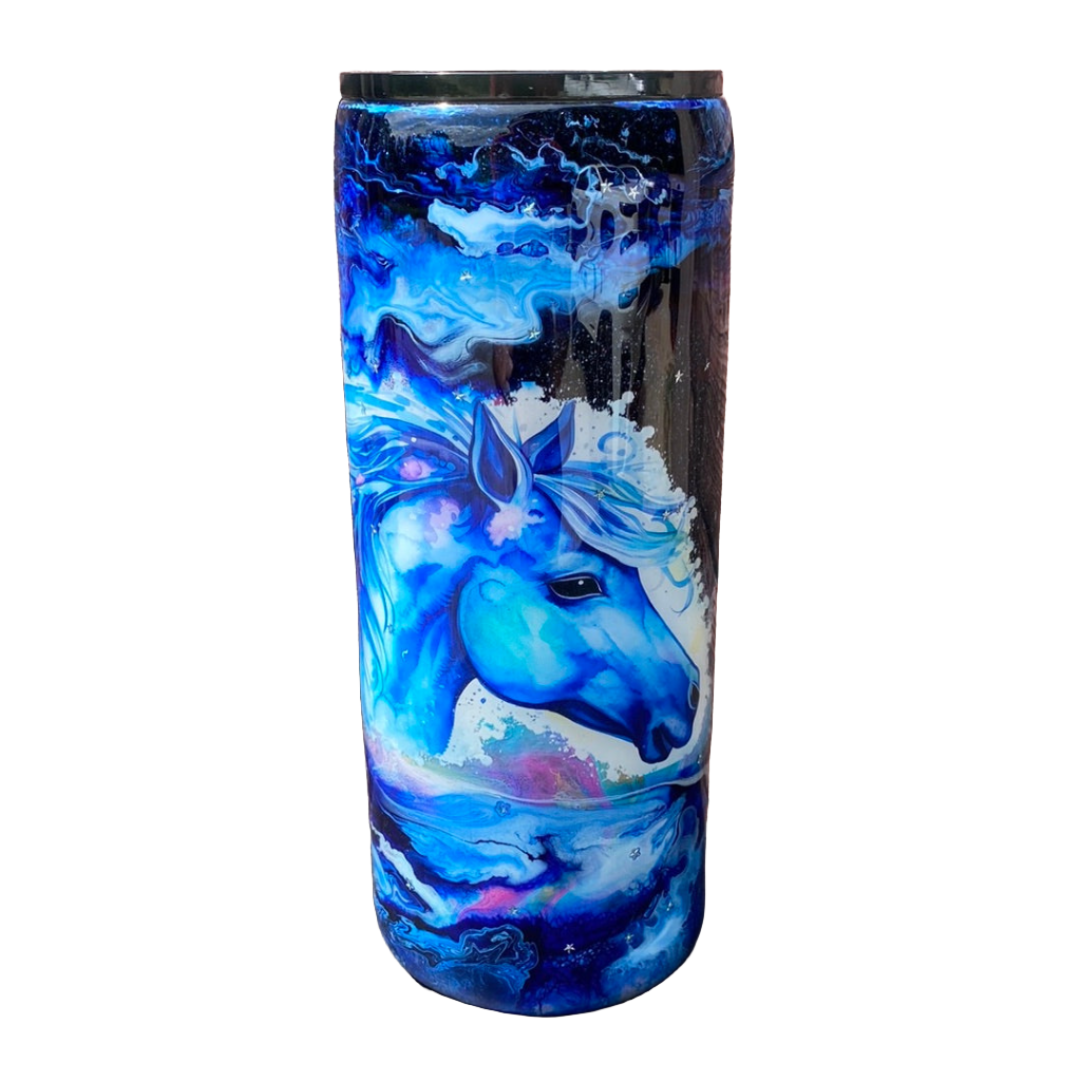 Hand Painted Blue Horse Stainless Fatty Tumbler w/Sliding Lid and Straw- 30 Oz