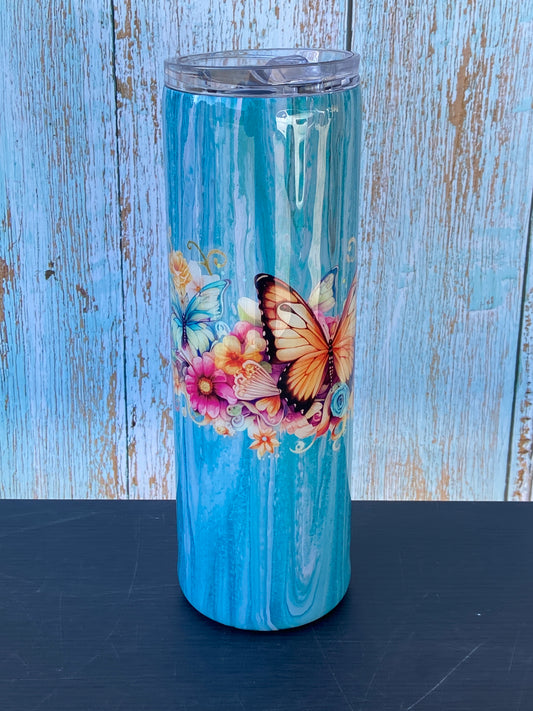 Custom Painted Teal Gray Butterfly Stainless Skinny Tumbler w/Sliding Lid and Straw- 30 Oz