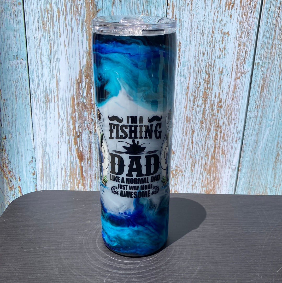 Custom Painted Blue Fishing Dad Stainless Skinny Tumbler w/Sliding Lid and Straw- 30 Oz