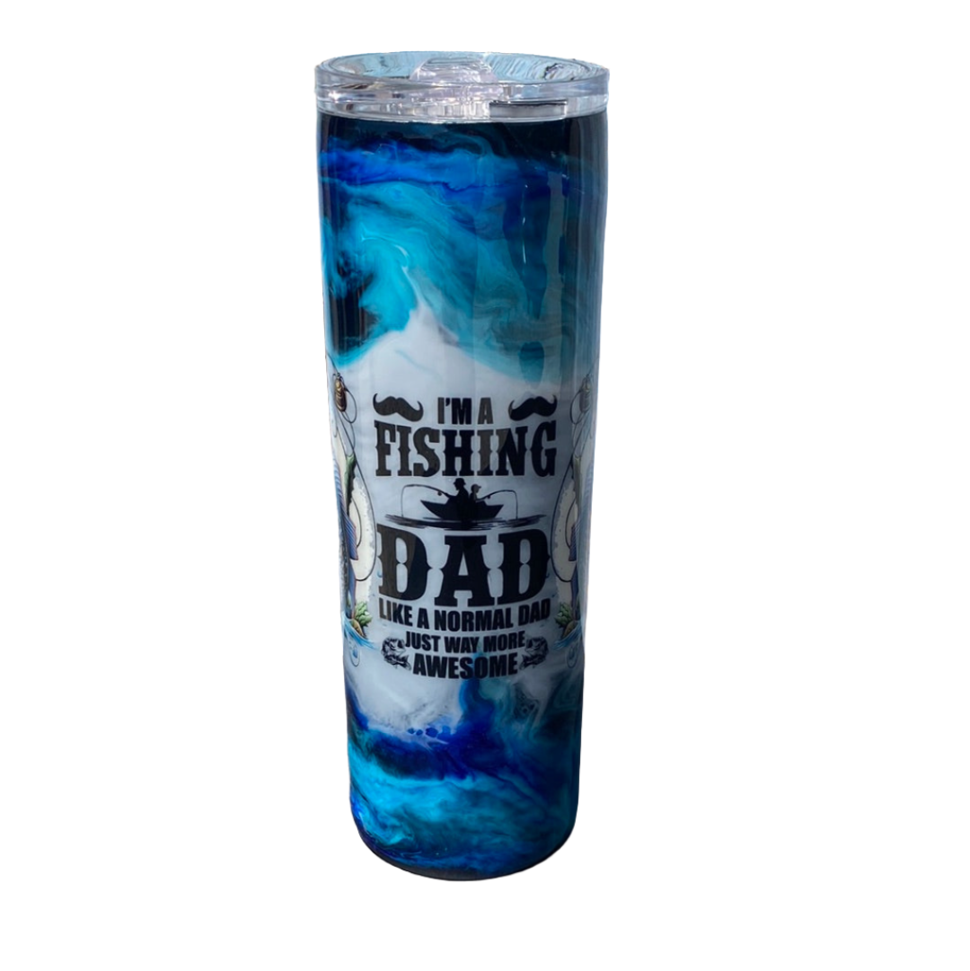 Custom Painted Blue Fishing Dad Stainless Skinny Tumbler w/Sliding Lid and Straw- 30 Oz