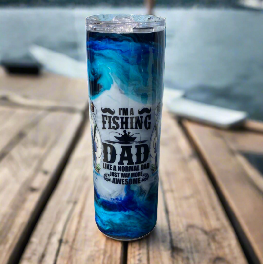 Custom Painted Blue Fishing Dad Stainless Skinny Tumbler w/Sliding Lid and Straw- 30 Oz