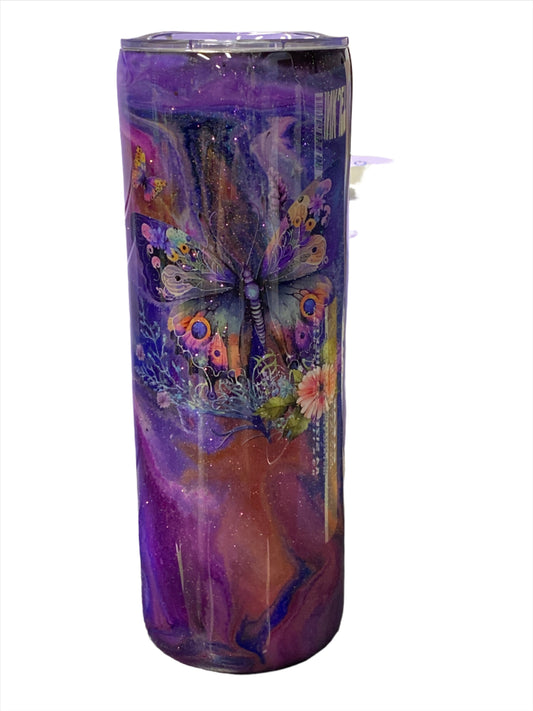 Custom Painted Purple Butterfly Stainless Skinny Tumbler w/Sliding Lid and Straw- 20 Oz
