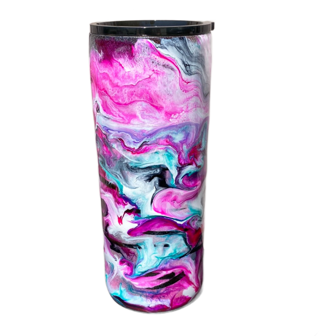 Custom Painted Pink Teal Swirl Stainless Fatty Tumbler w/Sliding Lid and Straw- 30 Oz