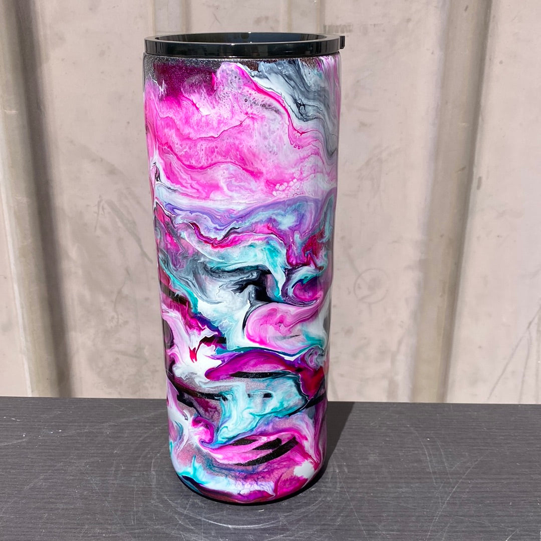 Custom Painted Pink Teal Swirl Stainless Fatty Tumbler w/Sliding Lid and Straw- 30 Oz