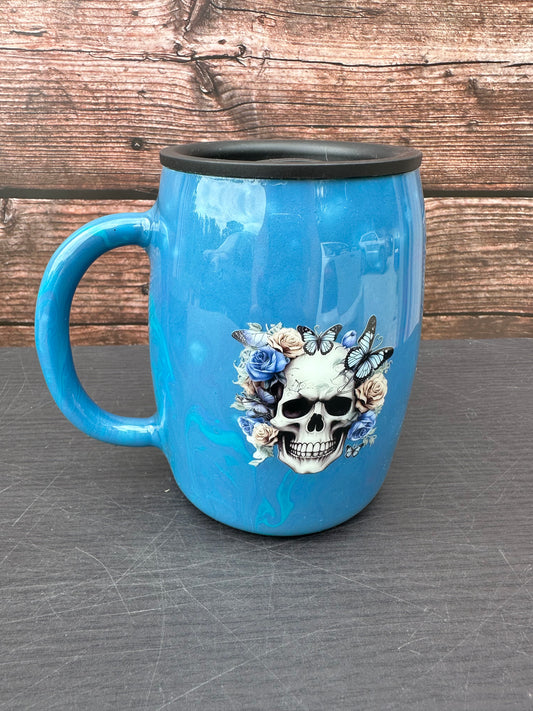 Custom Hand-Painted Blue Skull Stainless Steel Coffee Mug - 14 Oz