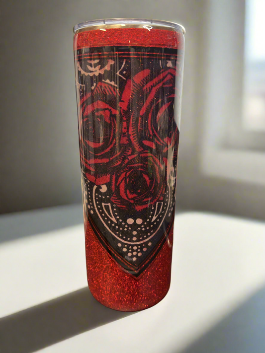 Custom Painted Black Bandana & Red Glitter Stainless Skinny Tumbler w/Sliding Lid and Straw- 20 Oz