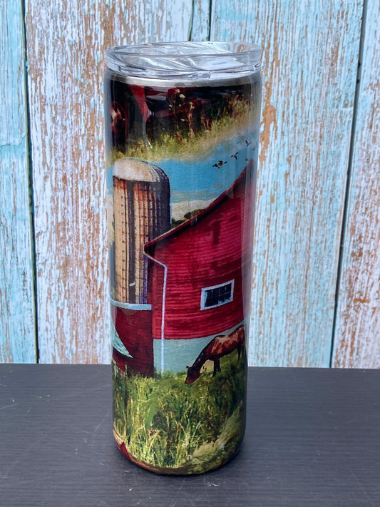 Custom Fabric Farmhouse Stainless Skinny Tumbler w/Sliding Lid and Straw- 20 Oz.