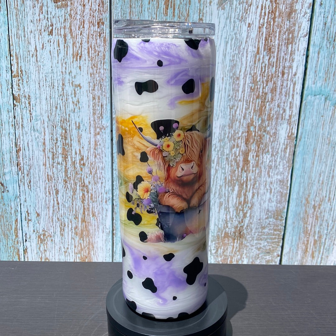 Custom Painted Purple Yellow Cow Stainless Skinny Tumbler w/Sliding Lid and Straw- 30 Oz