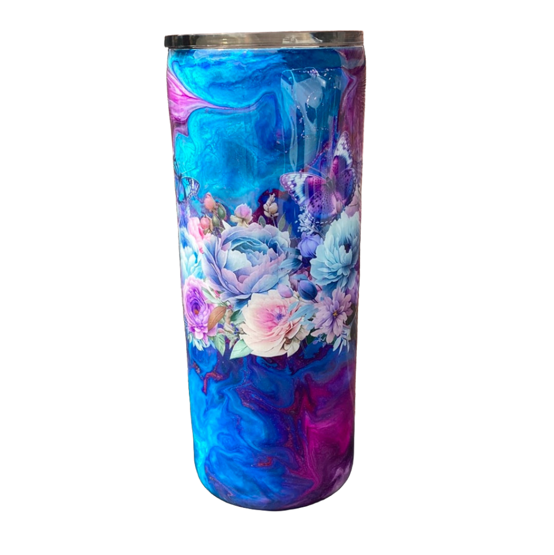 Hand Painted Purple Blue Floral Swirl Stainless Fatty Tumbler w/Sliding Lid and Straw- 30 Oz