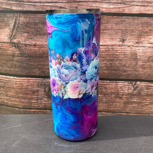 Hand Painted Purple Blue Floral Swirl Stainless Fatty Tumbler w/Sliding Lid and Straw- 30 Oz