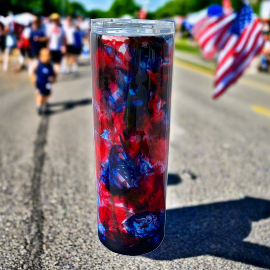 Custom Painted Patriotic Flag Stainless Skinny Tumbler w/Sliding Lid and Straw- 30 Oz