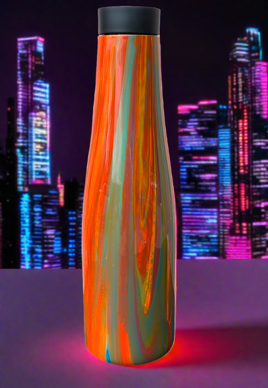 Hand Painted Orange Blue Neon Stainless Push Top Bottle - 30 Oz