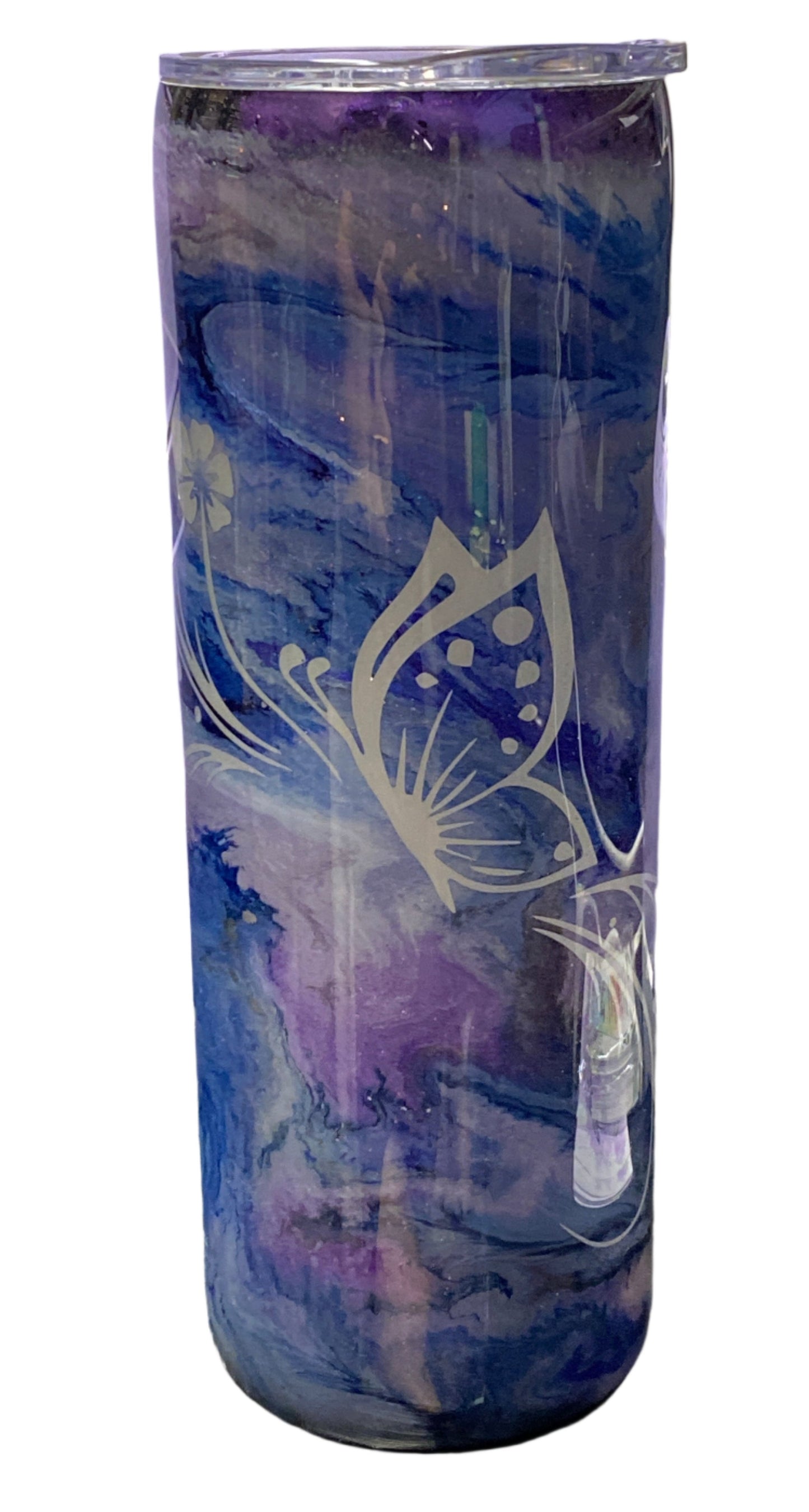 Custom Painted Purple Swirl Butterfly Stainless Skinny Tumbler w/Sliding Lid and Straw- 20 Oz