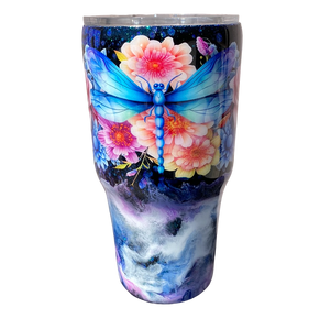 Custom Painted Blue Purple Dragonfly Stainless Classic Curve Tumbler - 30 Oz