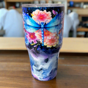 Custom Painted Blue Purple Dragonfly Stainless Classic Curve Tumbler - 30 Oz