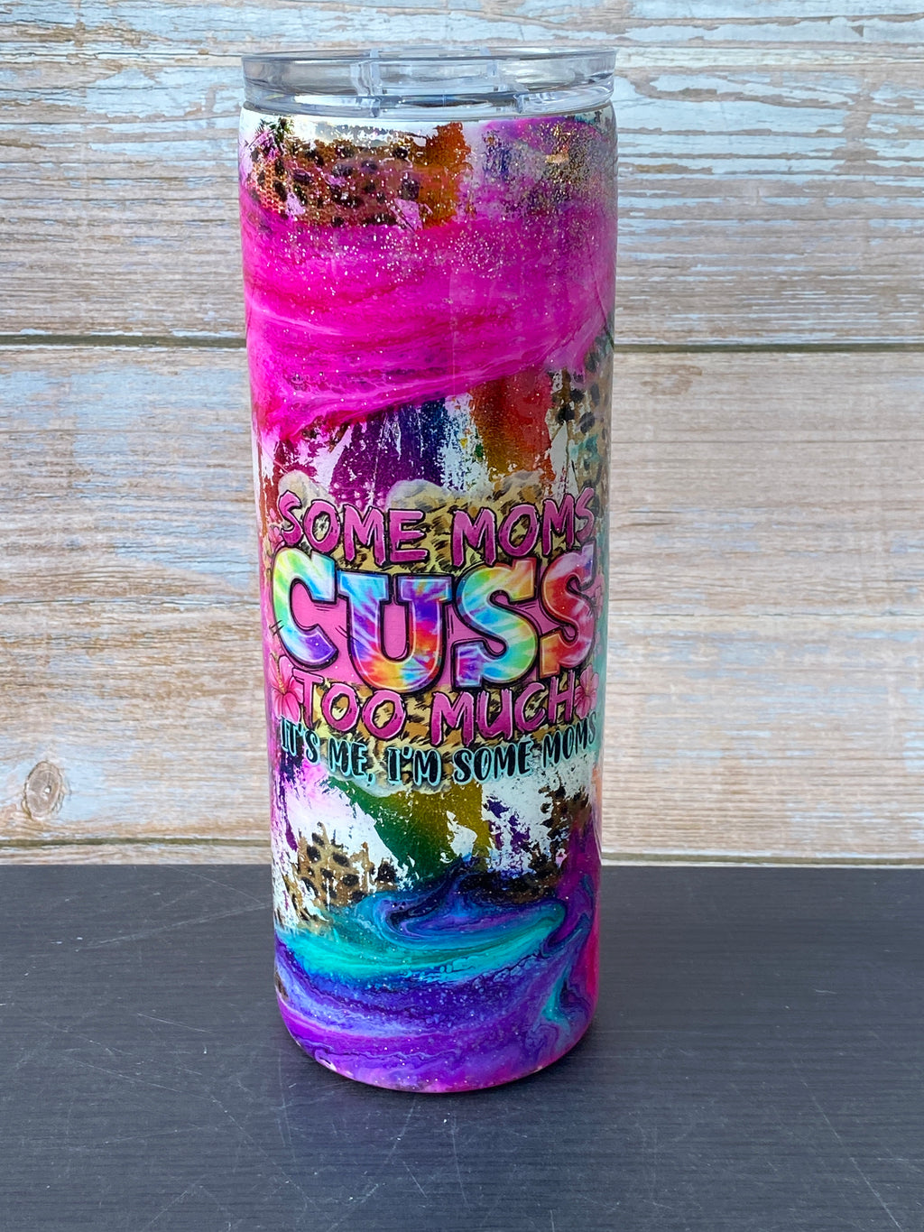 Custom Painted Moms Cuss Stainless Skinny Tumbler w/Sliding Lid and Straw- 20 Oz