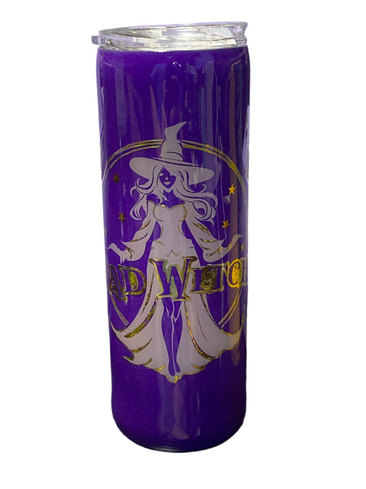 Custom Painted Halloween Bad Witch Stainless Skinny Tumbler w/Sliding Lid and Straw- 20 Oz