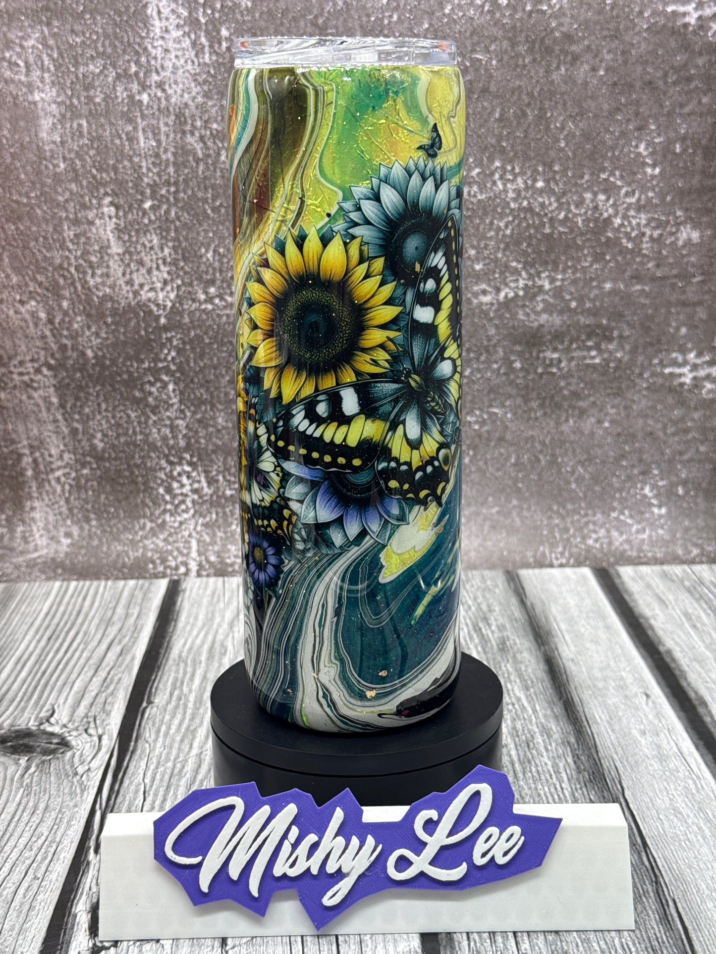 Custom Painted Sunflower Butterfly Swirl Stainless Skinny Tumbler w/Sliding Lid and Straw- 30 Oz