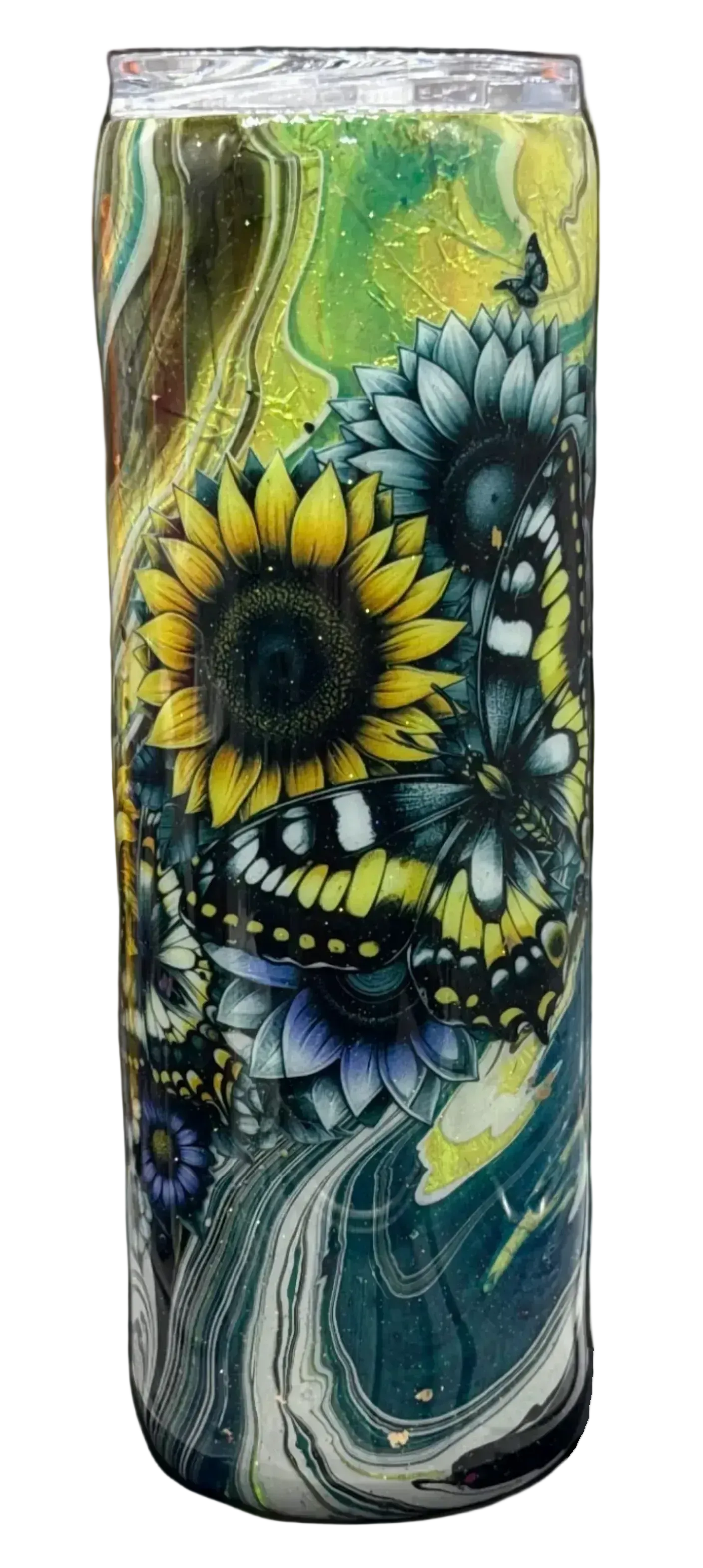 Custom Painted Sunflower Butterfly Swirl Stainless Skinny Tumbler w/Sliding Lid and Straw- 30 Oz