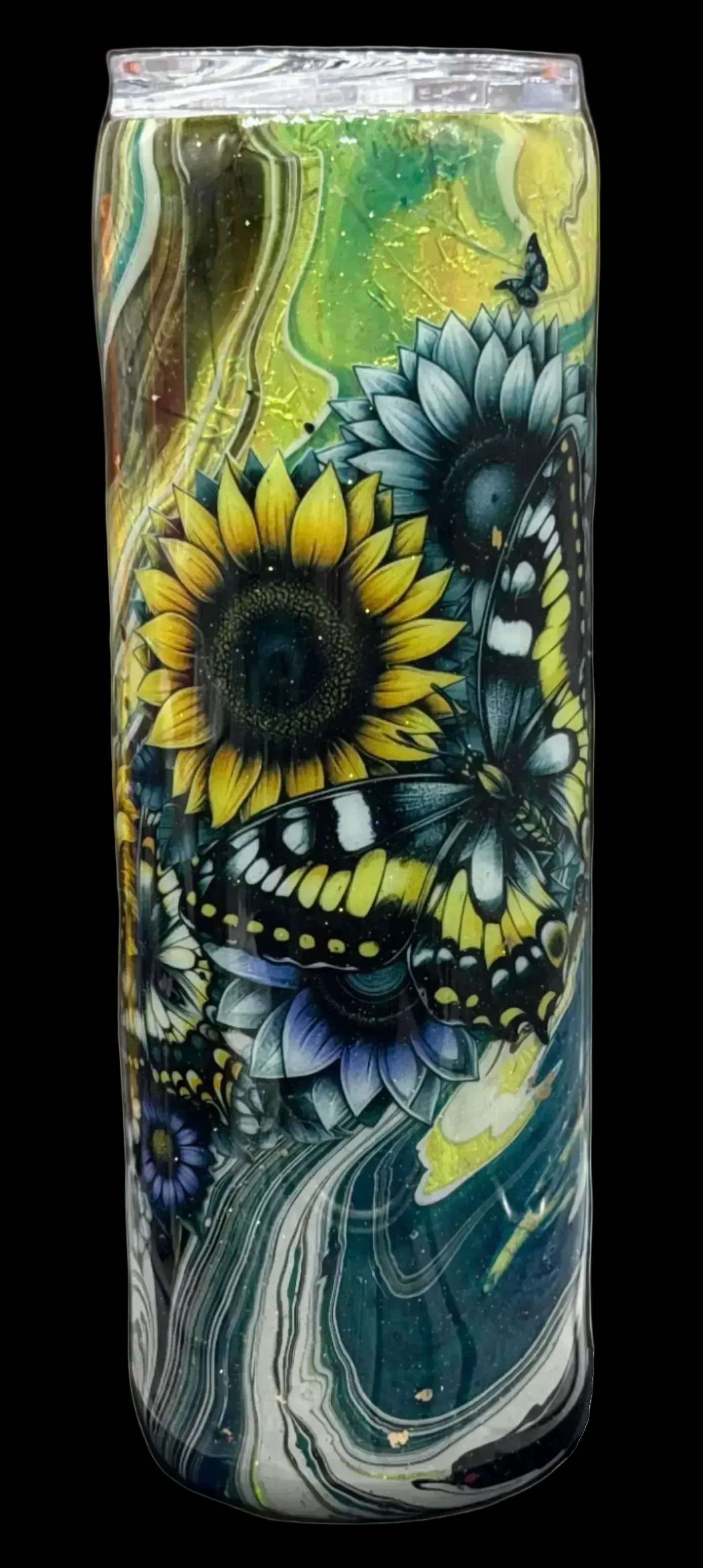 Custom Painted Sunflower Butterfly Swirl Stainless Skinny Tumbler w/Sliding Lid and Straw- 30 Oz