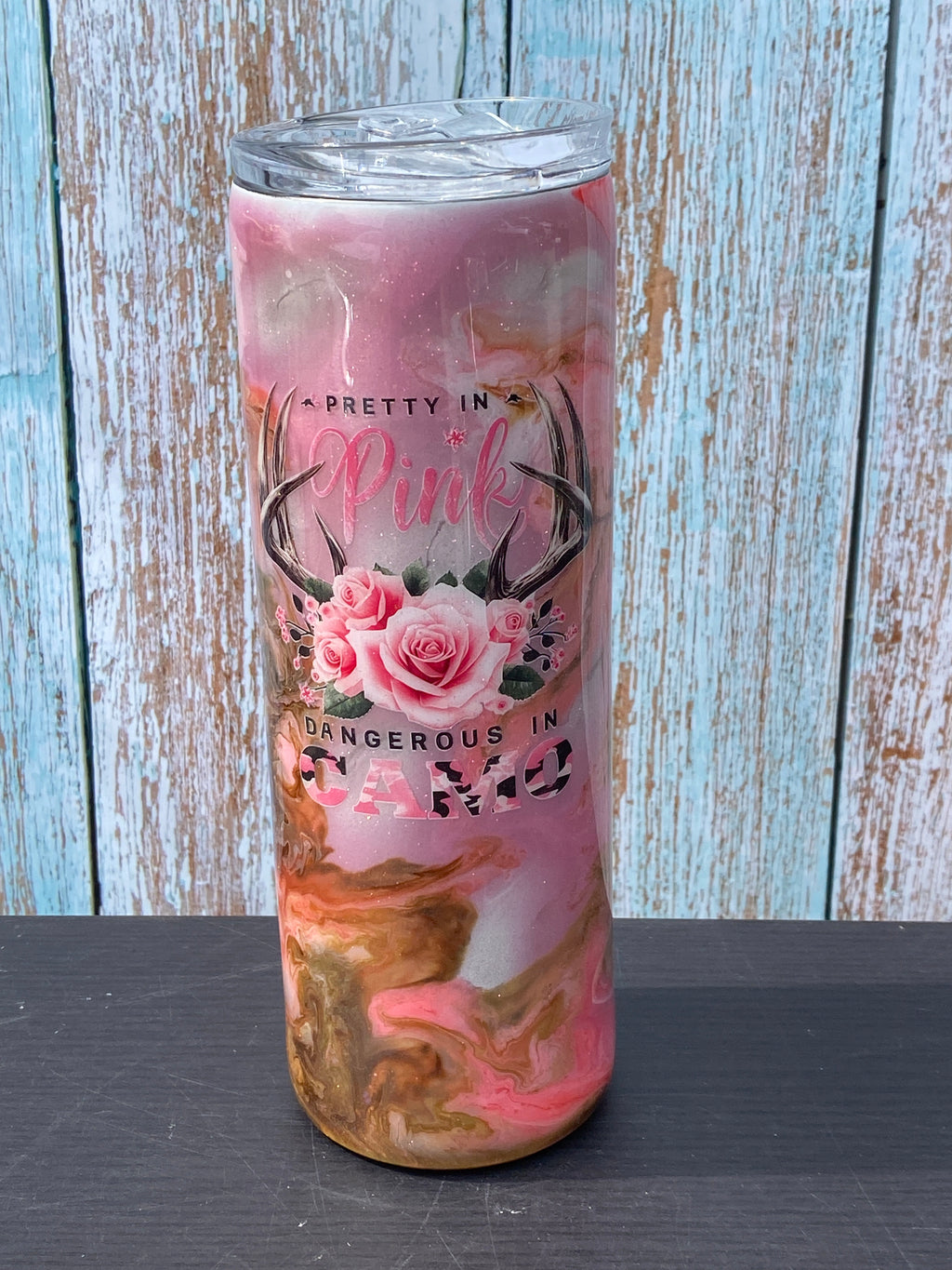 Custom Painted Pink Rose Horns Stainless Skinny Tumbler w/Sliding Lid and Straw- 20 Oz.