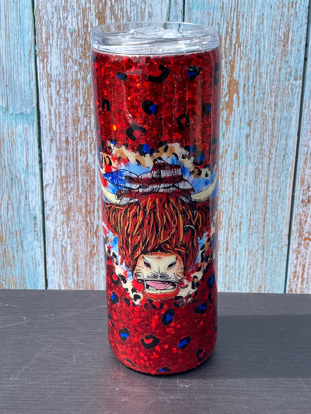 Custom Painted Patriotic Cow Stainless Skinny Tumbler w/Sliding Lid and Straw- 20 Oz.