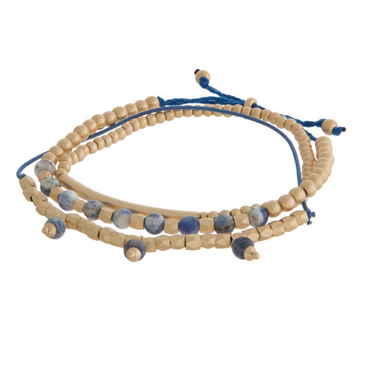 Dainty, natural stone and gold tone beaded, pull-tie bracelet