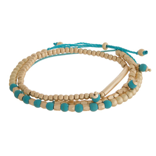 Dainty, natural stone and gold tone beaded, pull-tie bracelet