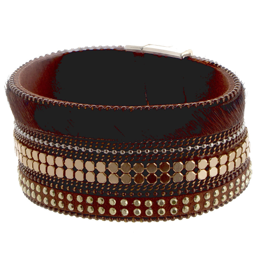 Magnetic leather cuff bracelet with animal print and jeweled detail