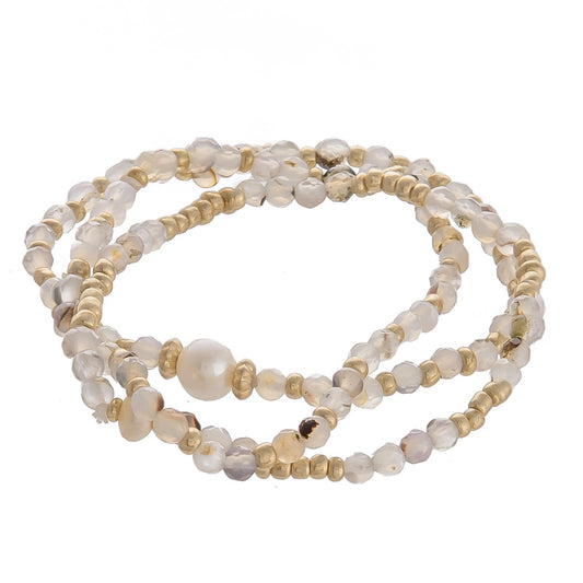 Multi layered stretch bracelet with pearl detail. Approximate 6" in diameter