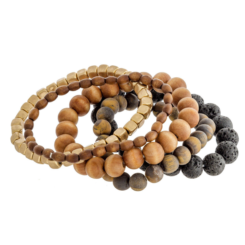 Bracelet set featuring five stretch bracelets with wood, natural stone and lava rock inspired beads and gold accents