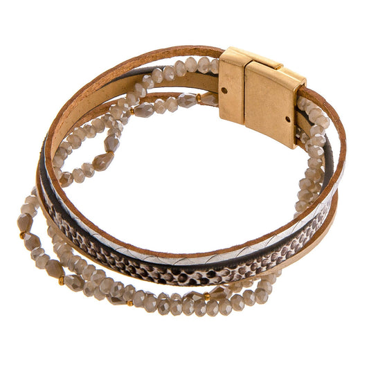 Multi strand faux leather bracelet featuring snakeskin print and iridescent beaded details with a magnetic closure