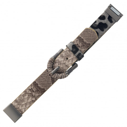 Faux leather bracelet featuring fur leopard print and snakeskin details with a buckle accent and magnetic closure