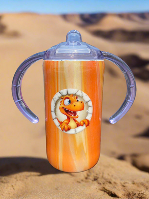 Custom Hand-Painted Cute Orange Dino with Sippy Lid - 14 Oz