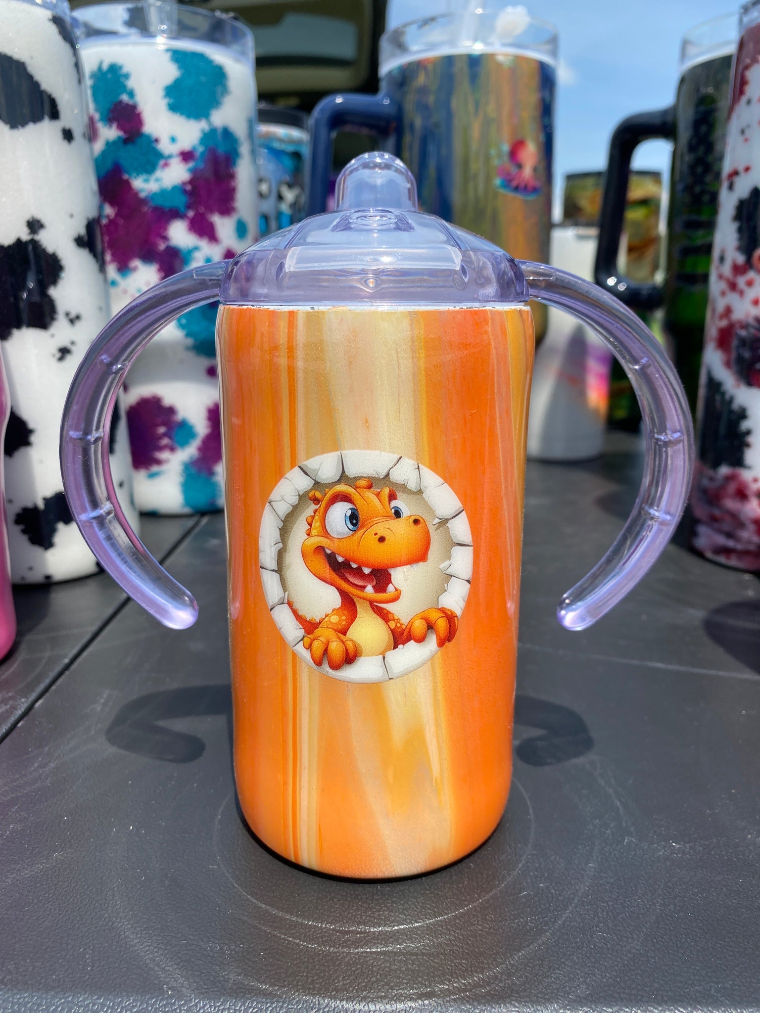 Custom Hand-Painted Cute Orange Dino with Sippy Lid - 14 Oz